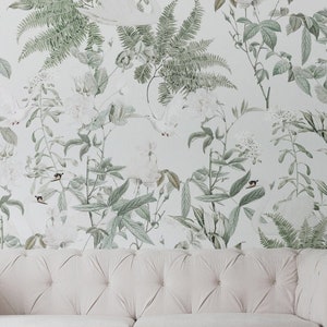 Sage Flying Bird Floral Wallpaper Simple and Minimal 2024 Collection. Watercolor. Peel and Stick. Removable. Accent Wall. Vintage