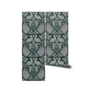 May include: A dark blue wallpaper with a repeating pattern of peacocks with green and pink feathers. The peacocks are facing each other and their tails are spread out. The background is a dark blue with a light green and white floral pattern.