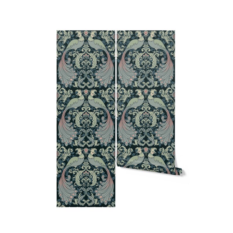 May include: A dark blue wallpaper with a repeating pattern of peacocks with green and pink feathers. The peacocks are facing each other and their tails are spread out. The background is a dark blue with a light green and white floral pattern.
