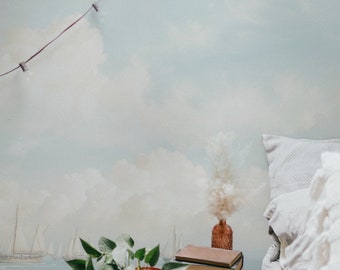 Clouds and Sky Wallpaper Mural. Peel and Stick / Traditional Options. Many Colors Available. Pastel Wallpaper. Blue Wallpaper. Bedroom.