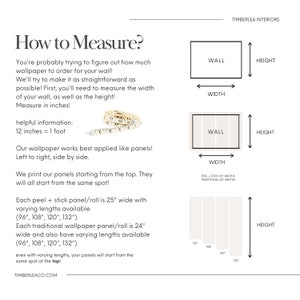 May include: A guide on how to measure a wall for wallpaper installation. The guide includes illustrations of a wall with measurements for height and width, and a helpful tip that 12 inches equals 1 foot. The guide also explains that wallpaper panels are applied left to right, side by side, and that each panel is 25 inches wide with varying lengths available, such as 96, 108, 120, and 132 inches.
