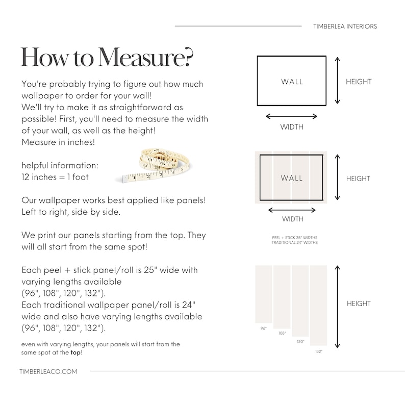 May include: A guide on how to measure a wall for wallpaper installation. The guide includes illustrations of a wall with measurements for height and width, and a helpful tip that 12 inches equals 1 foot. The guide also explains that wallpaper panels are applied left to right, side by side, and that each panel is 25 inches wide with varying lengths available, such as 96, 108, 120, and 132 inches.