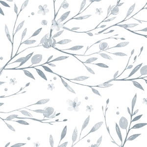 May include: A seamless pattern featuring delicate watercolor illustrations of gray branches and flowers on a white background.
