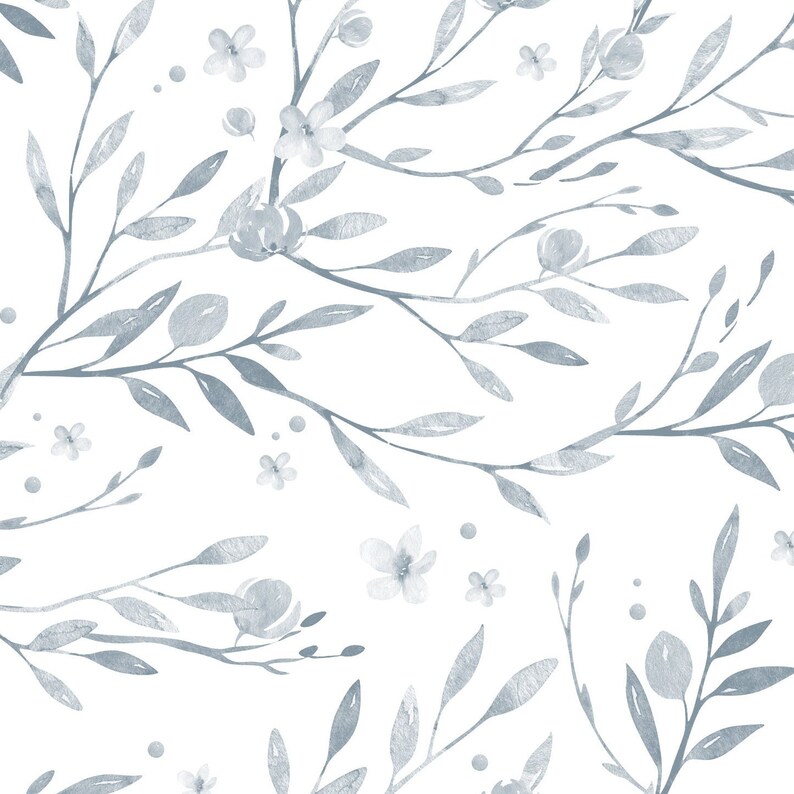 May include: A seamless pattern featuring delicate watercolor illustrations of gray branches and flowers on a white background.