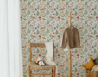 Colourful Spring Bunnies Wallpaper - 25". Peel and Stick and Traditional Options. Removable Options. Accent Wall.