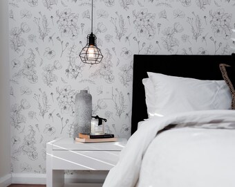 Wildflower Sketch Wallpaper. Peel and Stick and Traditional Options. Removable Options. Accent Wall. Multiple Colours Available. *