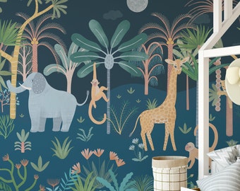 Fotomural Selva de Noche. Mural de papel pintado infantil personalizado. Mural de dormitorio. Removible Peel and Stick + Opciones de papel tapiz tradicional. Mural
