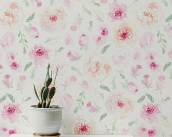 Beautiful Floral Wallpaper. 2020 Collection. Watercolor Floral. Peel and Stick. Removable. Accent Wall. White Background updated. 25 Inch *