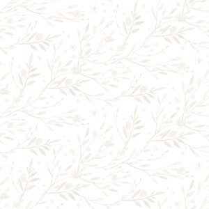 May include: A seamless pattern featuring delicate, light beige watercolor branches and leaves on a white background. The branches are arranged in a random, flowing pattern, creating a subtle and elegant design.
