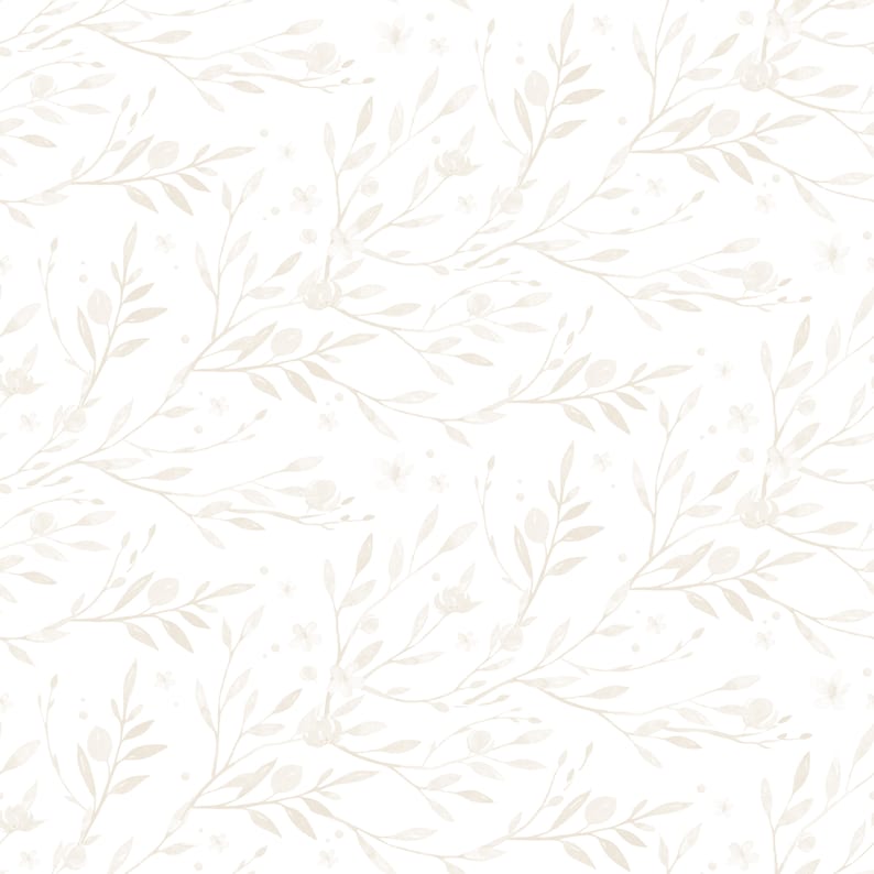 May include: A seamless pattern featuring delicate, light beige watercolor branches and leaves on a white background. The branches are arranged in a random, flowing pattern, creating a subtle and elegant design.