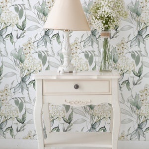 Heavenly Hydrangea Wallpaper. Floral Wallpaper. Modern Wallpaper. Peel + Stick and Traditional Options. Accent Wall. Bedroom Wallpaper.