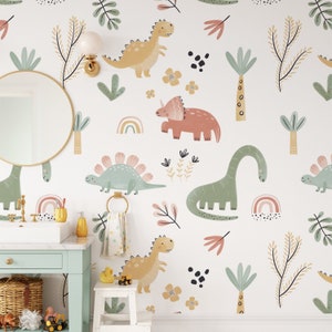 Dino Kids Room Wallpaper Hand Painted Wallpaper Simple and Minimal 2023 Collection. Watercolor. Peel and Stick. Removable. *