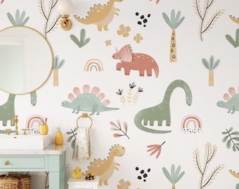 Dino Kids Room Wallpaper Hand Painted Wallpaper Simple and Minimal 2023 Collection. Watercolor. Peel and Stick. Removable. *