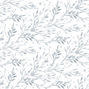 May include: A seamless pattern featuring delicate gray watercolor branches and small flowers on a white background.