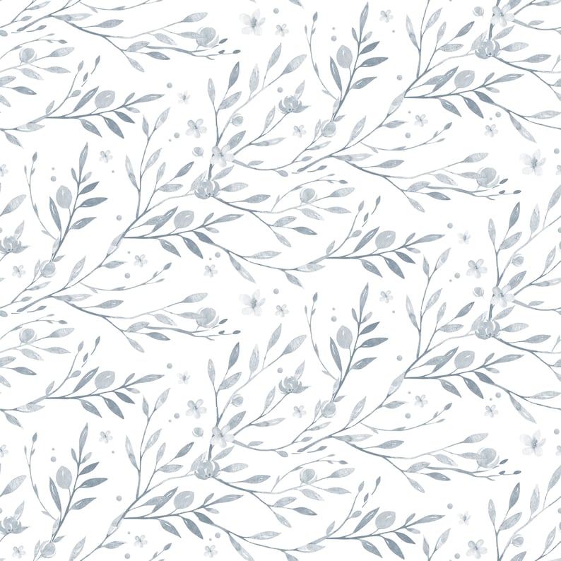 May include: A seamless pattern featuring delicate gray watercolor branches and small flowers on a white background.