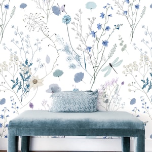 Aerie Floral II Wallpaper - 50". 2024 Collection. Peel and Stick / Traditional Options. Floral wallpaper. Blue floral wallpaper. Bedroom.