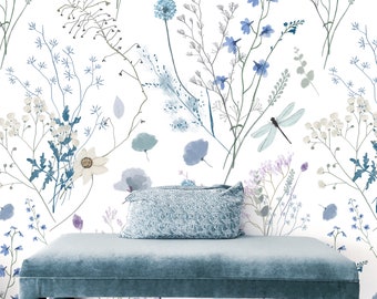 Aerie Floral II Wallpaper - 50". 2024 Collection. Peel and Stick / Traditional Options. Floral wallpaper. Blue floral wallpaper. Bedroom.