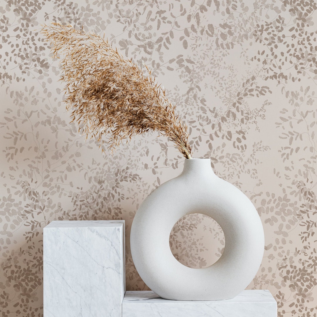 Delicate Neutral Floral Wallpaper. Beige Color. Peel and Stick Traditional Wallpaper Options