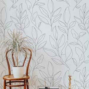Modern Floral Line Art Wallpaper. 2024 Collection. Peel and Stick. Removable. Many Colors Available. Black. Updated. 50 Inch. *
