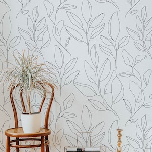 Moderne Floral Line Art Wallpaper. Kollektion 2024. Schälen und kleben. Abnehmbar. Viele Farben verfügbar. Schwarz. AKTUALISIERT. 50 Zoll. *
