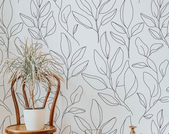 Modern Floral Line Art Wallpaper. 2024 Collection. Peel and Stick. Removable. Many Colors Available. Black. Updated. 50 Inch. *