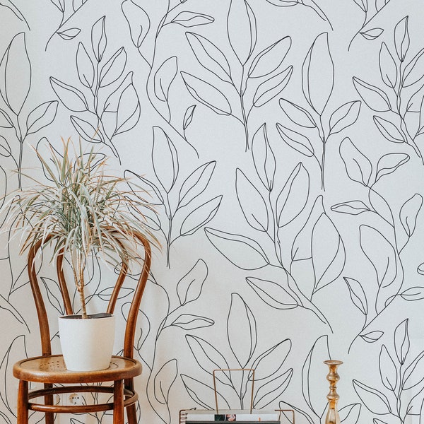 Modern Floral Line Art Wallpaper. 2024 Collection. Peel and Stick. Removable. Many Colors Available. Black. Updated. 50 Inch. *
