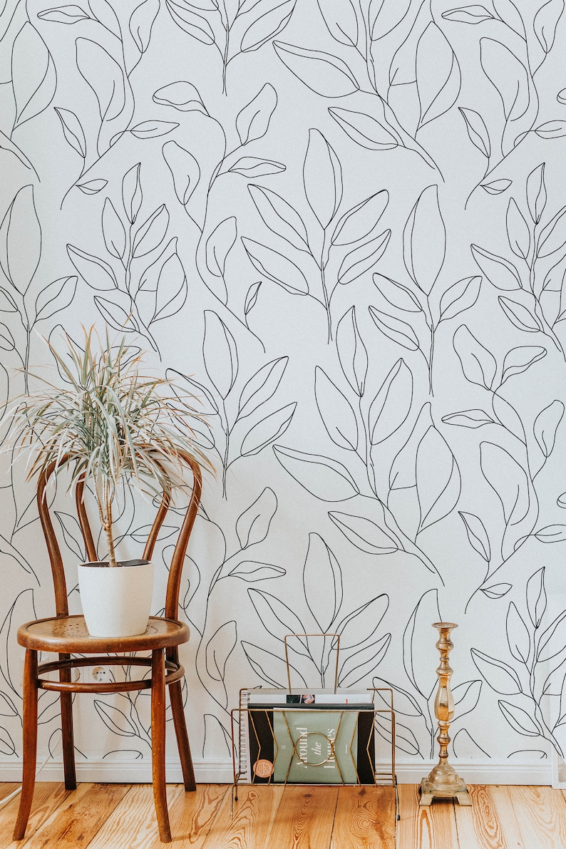 Modern Floral Line Art Wallpaper. 2021 Collection. Black Etsy Canada