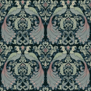 May include: A seamless pattern featuring stylized peacocks with intricate tail feathers and floral designs in shades of blue, green, and pink on a dark background.
