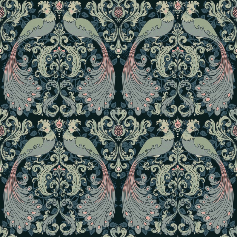 May include: A seamless pattern featuring stylized peacocks with intricate tail feathers and floral designs in shades of blue, green, and pink on a dark background.
