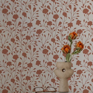 Terra Cotta Wallpaper. Floral Wallpaper. Modern Wallpaper. Peel + Stick and Traditional Options. Accent Wall. Bedroom Wallpaper. Flowers. *
