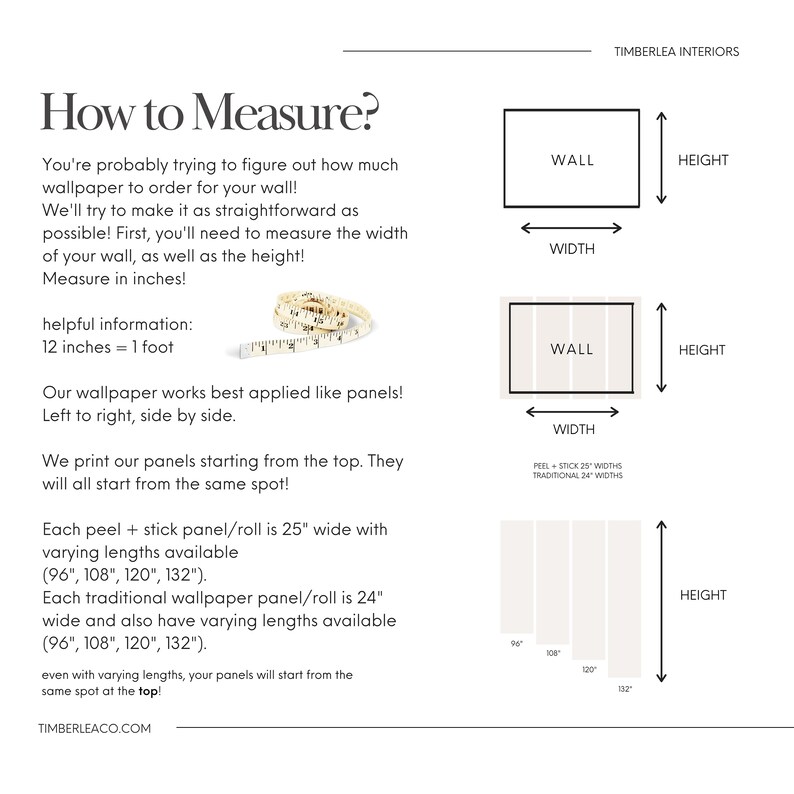 May include: A guide on how to measure a wall for wallpaper installation. The guide includes illustrations of a wall with measurements for height and width, and a helpful tip that 12 inches equals 1 foot. The guide also explains that wallpaper panels are applied left to right, side by side, and that each panel is 25 inches wide with varying lengths available, such as 96, 108, 120, and 132 inches.