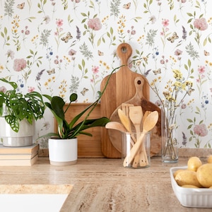 Wildflower Wallpaper. Peel and Stick. Removable. Available in Many Colours. Neutral Floral. Neutral Wallpaper. Modern. Pink. Green. Blue*