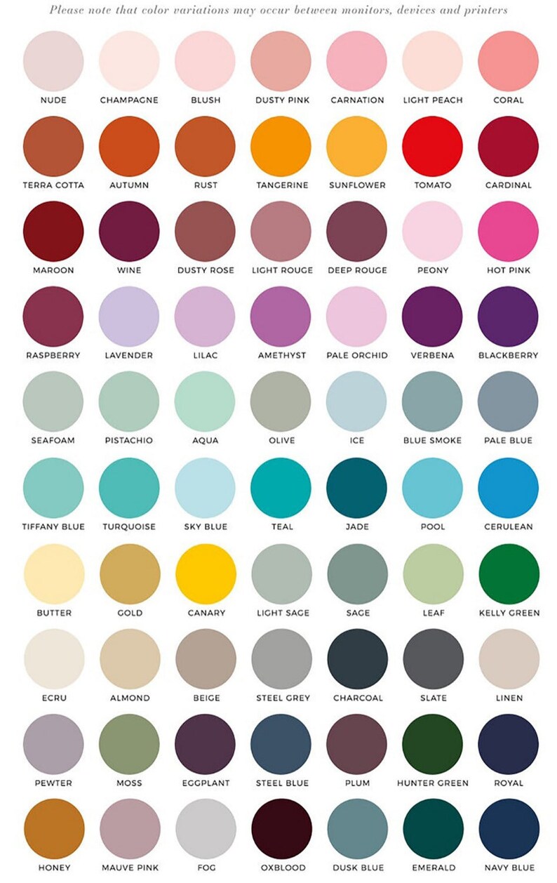May include: A color chart with 60 different color swatches, each with a name label. The colors are arranged in rows and columns, with the names of the colors listed below each swatch.