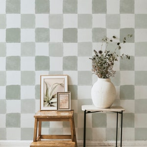 Clémence Wallpaper - Olive. Peel and Stick. Removable. Accent Wall. Modern. Minimal. Stripe. Classic. Olive Plaid Wallpaper. Checkered.