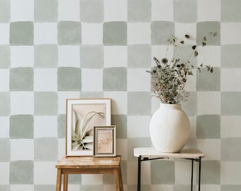 Clémence Wallpaper - Olive. Peel and Stick. Removable. Accent Wall. Modern. Minimal. Stripe. Classic. Olive Plaid Wallpaper. Checkered.