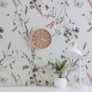 Lovely Botanicals Wallpaper. Floral Wallpaper. Peel + Stick and Traditional Options. Wildflower. Modern Wallpaper. Bedroom. Accent Wall.*