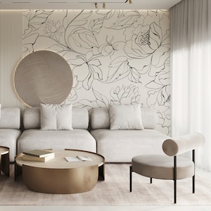 Abstrakte moderne florale Tapete. Schwarze Farbe. Schälen und aufkleben + traditionelle Wallpaper-Optionen. Moderne Tapete. Neutrale Tapete. Schlafzimmer*