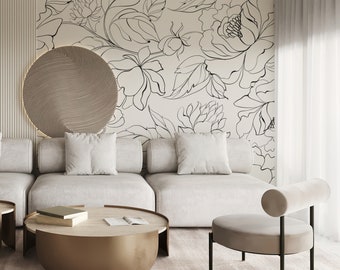Abstract Modern Floral Wallpaper. Black Color. Peel and Stick + Traditional Wallpaper Options. Modern Wallpaper. Neutral Wallpaper. Bedroom*