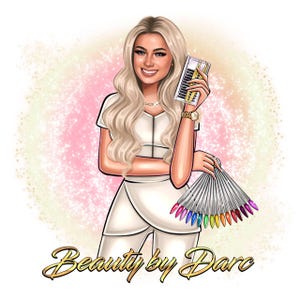 May include: Illustration of a woman holding a set of false eyelashes and a fan of nail polish color samples. The image has a pink and yellow background with the text "Beauty by Darc" in gold script.