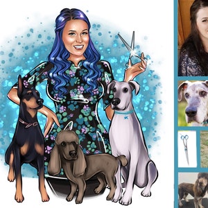 Logo de toiletteur d'animaux de compagnie, logo d'éleveur d'animaux de compagnie, logo de promeneur de chien, logo de famille avec animal de compagnie, logo d'animal de compagnie, logo de dessin animé, logo dessiné à la main, portrait numérique, logo d'entreprise