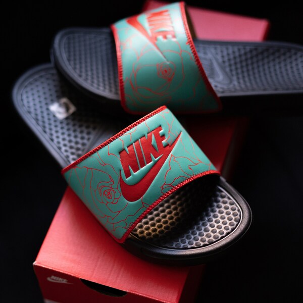 particle rose nike slides