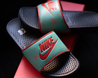 Rose Nike Slides Customs - Teal And Red