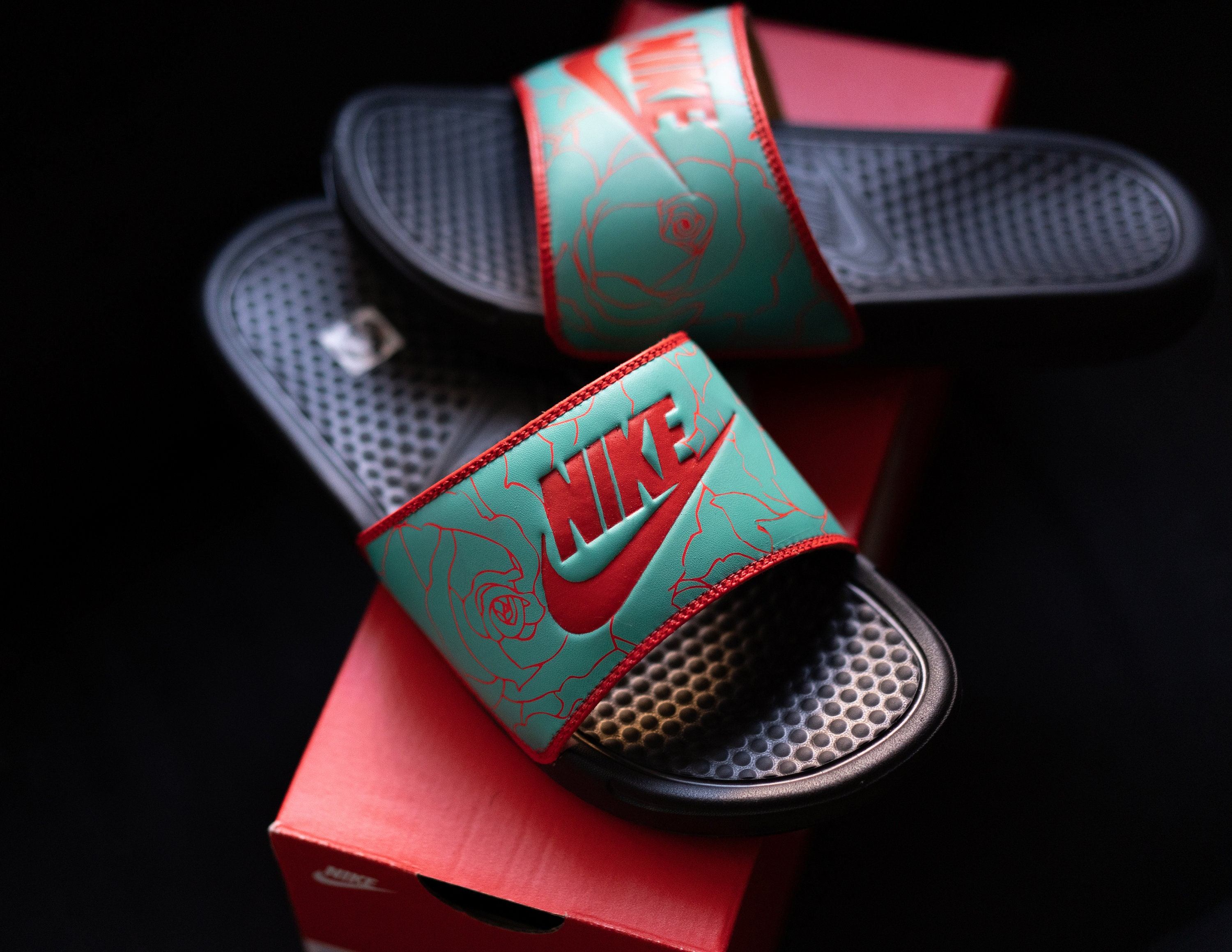 Rose Nike Slides Customs Teal and Red 