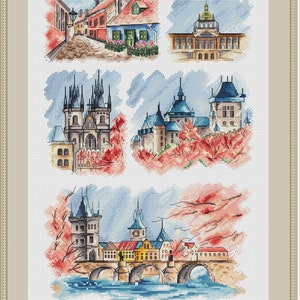 May include: A cross-stitch pattern featuring four different scenes of Prague, Czech Republic. The scenes include a cobblestone street, a church, a castle, and a bridge over a river. The pattern is in a watercolor style with shades of blue, red, and green.