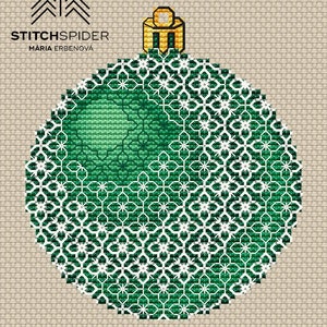 May include: Green Christmas ornament with a white snowflake pattern. The ornament has a gold top.