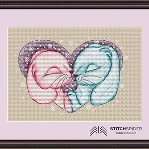 Love bunnies bordo, counted cross stitch pattern with love bunnies, pdf, Valentine&#39;s stitch, needlepoint embroidery, chart to download