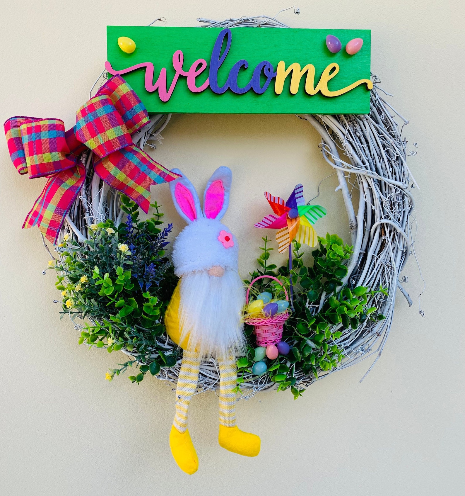 Partially Covered Easter Gnome Welcome Wreaths with Flowers, Greenery and Eggs
