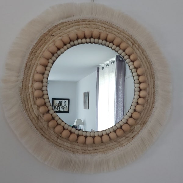 Miroir rond perles de bois