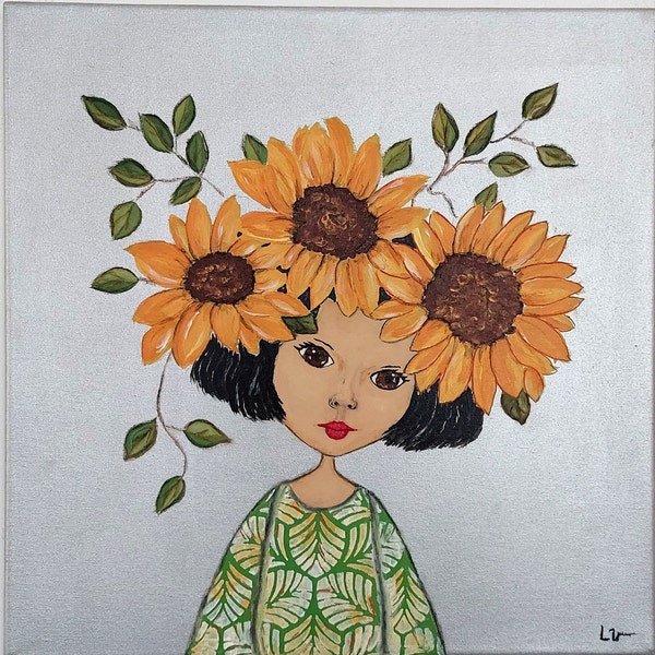 Tableau fille moderne fleurs