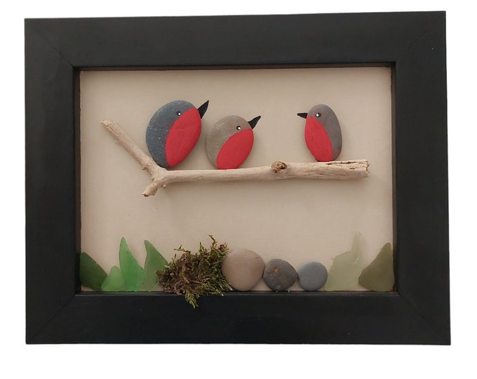 Pebble and driftwood bird painting